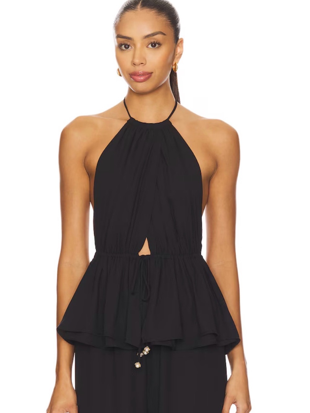 Black Halter Peplum Tie-Waist Top